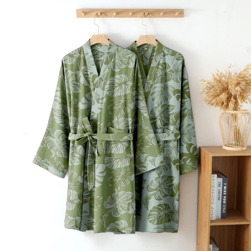 Monstera Print Cotton Gauze Kimono Robe - image 1