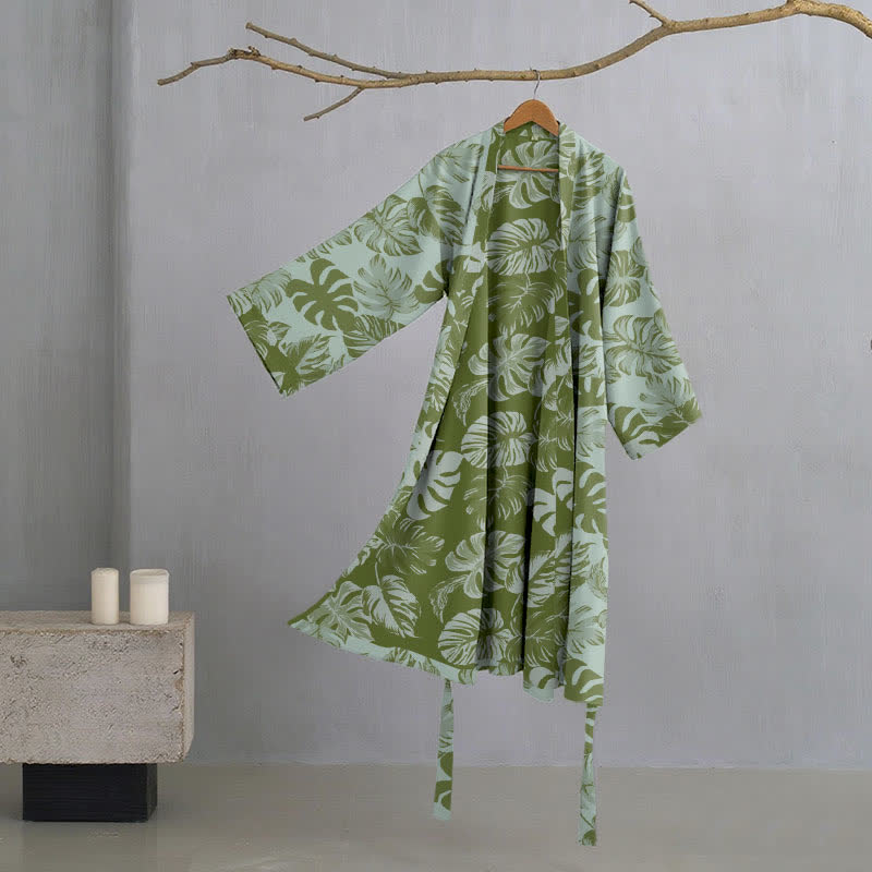 Monstera Print Cotton Gauze Kimono Robe - Light Green - 2XL - image 7