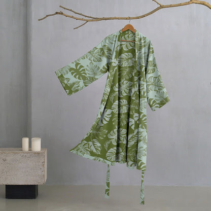 Ownkoti Monstera Print Cotton Gauze Kimono Robe - Light Green - 2XL - image 7