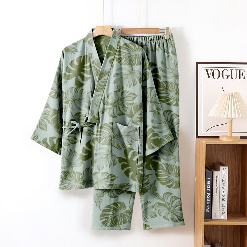 Ownkoti Monstera Cotton Gauze Kimono Loungewear Set - Light Green - XL - image 4
