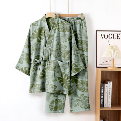 Ownkoti Monstera Cotton Gauze Kimono Loungewear Set - Light Green - XL - image 4