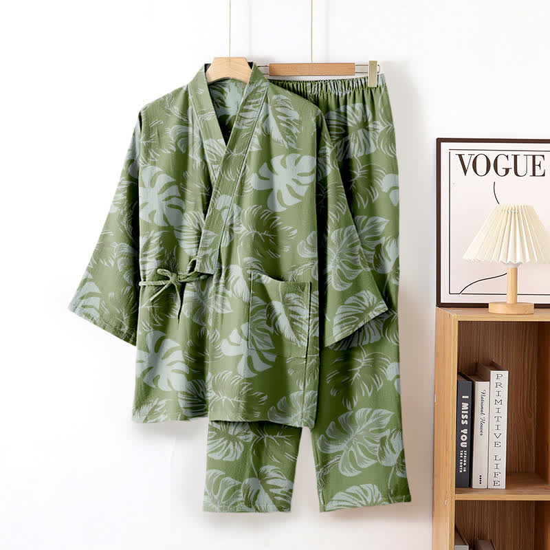 Monstera Cotton Gauze Kimono Loungewear Set - Dark Green - XL - image 2