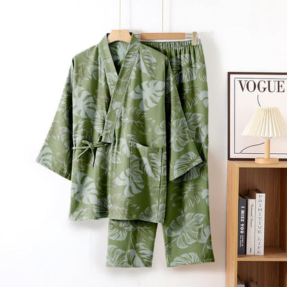 Monstera Cotton Gauze Kimono Loungewear Set - Dark Green - XL - image 2