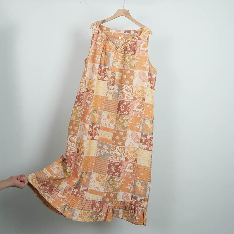 Ethnic Floral Cotton Sleeveless Nightdress - Orange - L - image 3