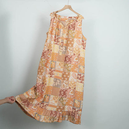 Ethnic Floral Cotton Sleeveless Nightdress - Orange - L - image 3