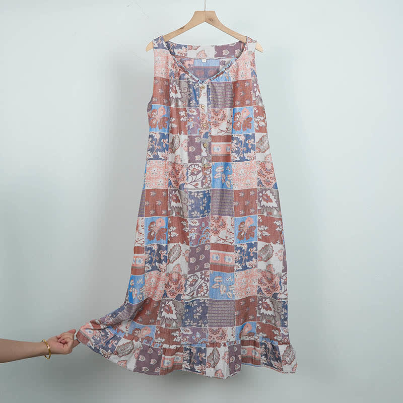 Ethnic Floral Cotton Sleeveless Nightdress - Blue - L - image 12