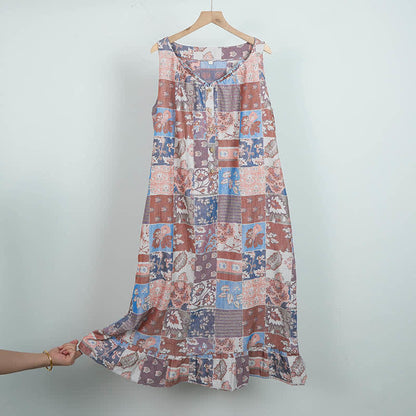 Ethnic Floral Cotton Sleeveless Nightdress - Blue - L - image 12