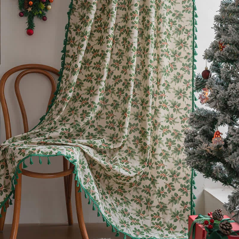 Christmas Holly Leaf Print Curtain - Rod Pocket - 59" x 102" - image 1