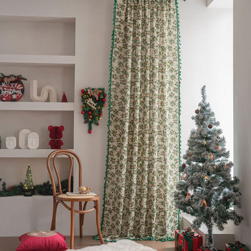 Christmas Holly Leaf Print Curtain - image 2