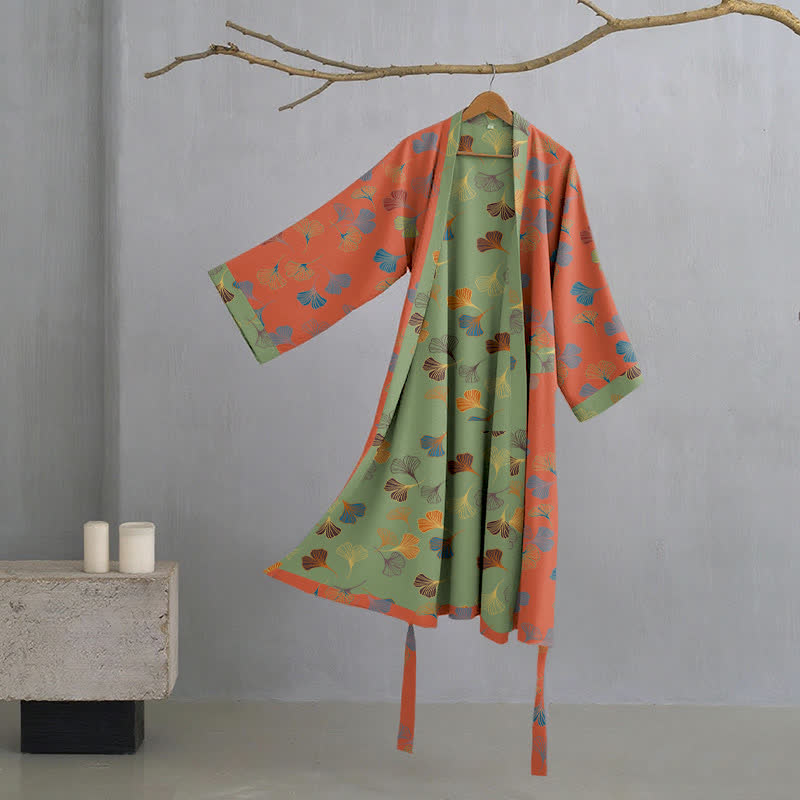 Ownkoti Ginkgo Leaf Cotton Gauze Japanese Robe - Red - XL - image 27