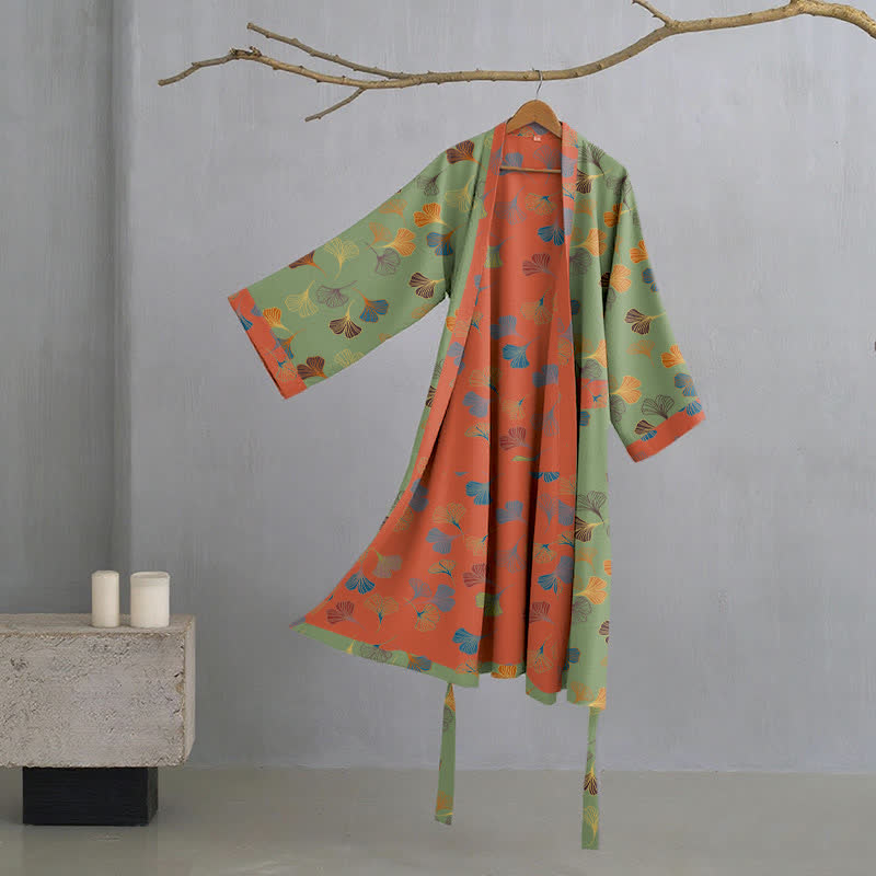 Ownkoti Ginkgo Biloba Cotton Gauze Kimono Robe - Green - XL - image 23