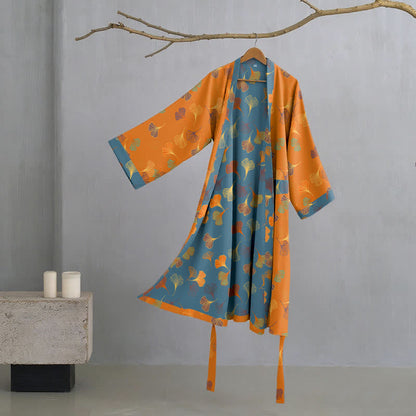 Ownkoti Ginkgo Biloba Cotton Gauze Kimono Robe - Orange - 2XL - image 10