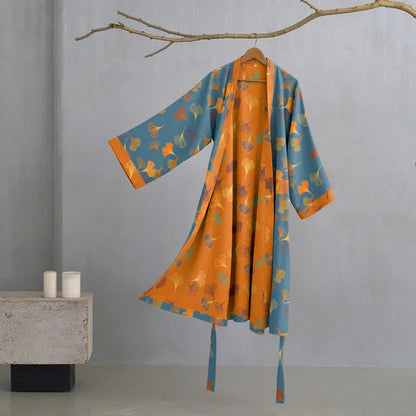 Ownkoti Ginkgo Biloba Cotton Gauze Kimono Robe - Blue - 2XL - image 9
