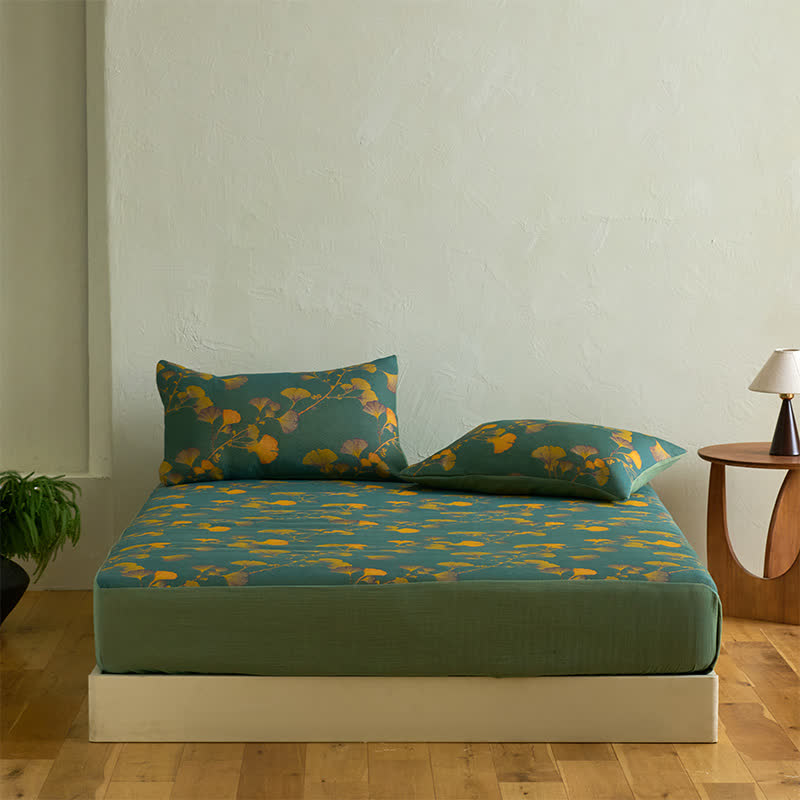 Ownkoti Large Ginkgo Leaf Cotton Fitted Sheet - Sheet with 2PCS Pillowcases - King - image 0