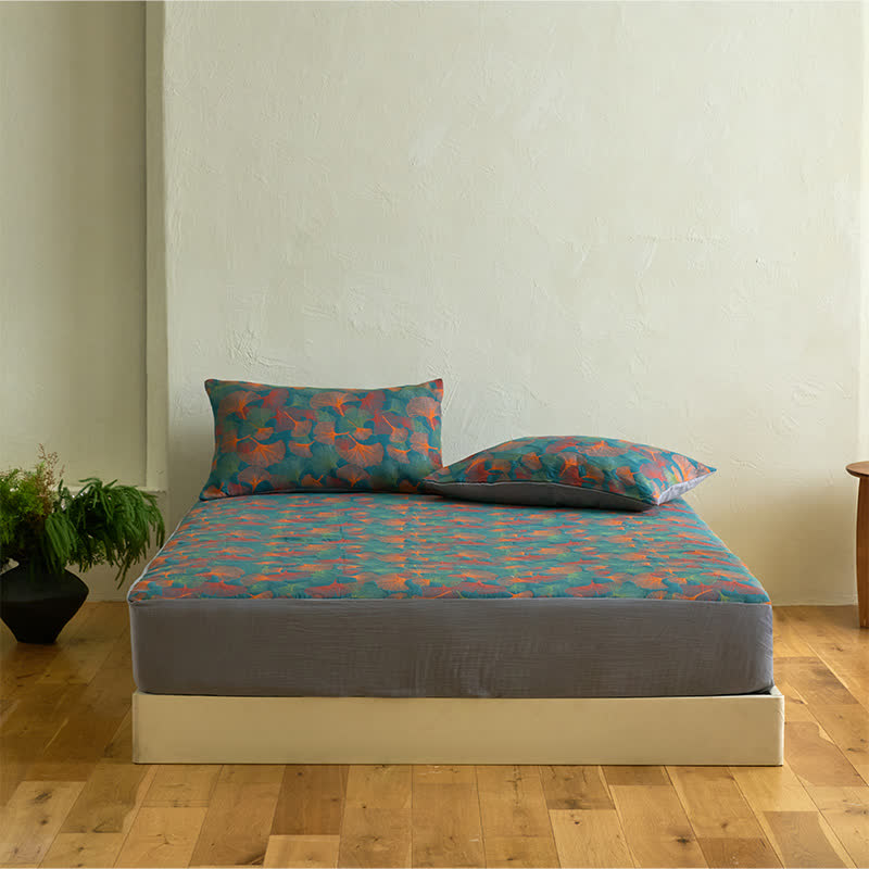 Ginkgo Leaf Cotton Gauze Fitted Sheet - Sheet with 2PCS Pillowcases - King - image 1