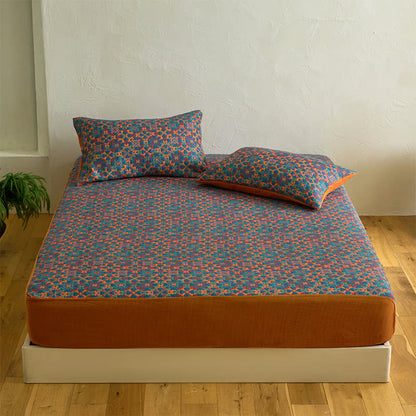 Ownkoti Retro Geometric Pattern Cotton Fitted Sheet - Sheet with 2PCS Pillowcases - King - image 0