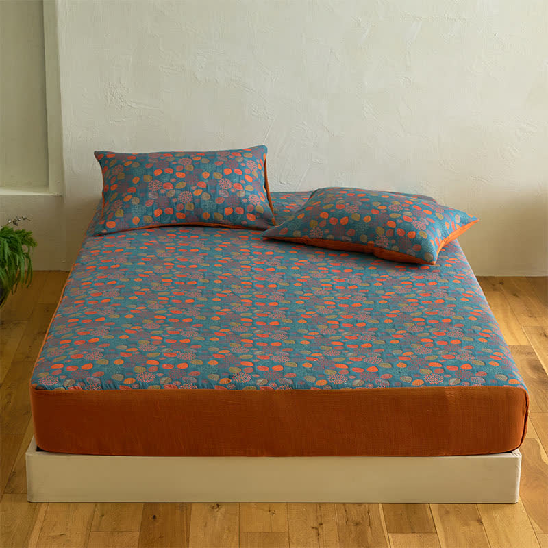 Leaf Print Cotton Gauze  Fitted Sheet - Sheet with 2PCS Pillowcases - King - image 1