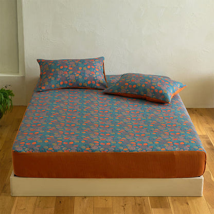 Leaf Print Cotton Gauze  Fitted Sheet - Sheet with 2PCS Pillowcases - King - image 1