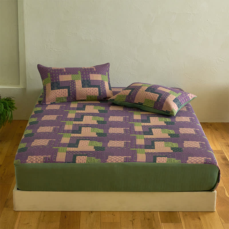 Patchwork Cotton Gauze Jacquard Fitted Sheet - Sheet with 2PCS Pillowcases - King - image 1