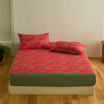 Paisley Floral Cotton Jacquard Fitted Sheet - Sheet with 2PCS Pillowcases - King - image 1