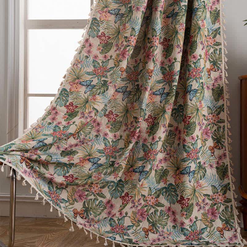 Tropical Monstera Butterfly Jacquard Curtain - Rod Pocket - 59" x 102" - image 1