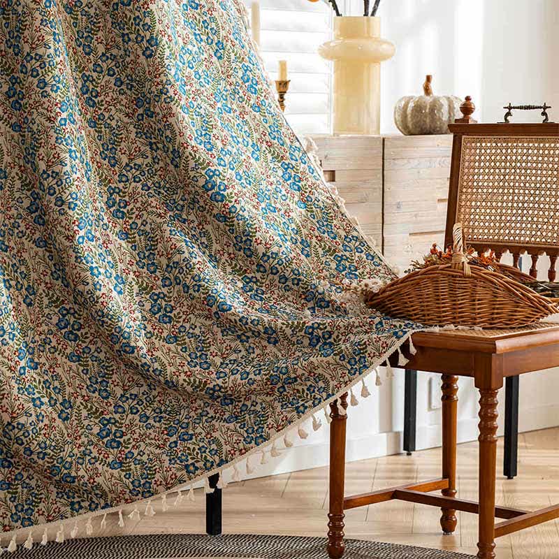Blue Floral Jacquard Tassel Curtain - Rod Pocket - 59" x 102" - image 1