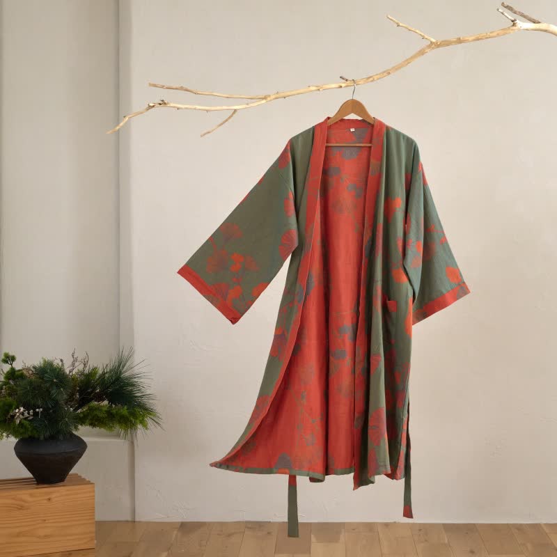 Ownkoti Large Ginkgo Leaf Cotton Kimono Robe - Green & Orange - XL - image 12
