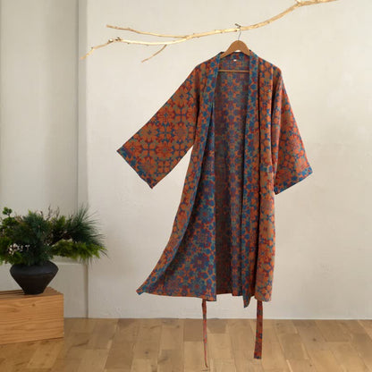 Ownkoti Retro Geometric Pattern Cotton Kimono Robe - Orange - XL - image 10