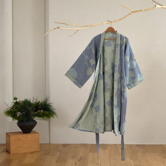 Ownkoti Ginkgo Leaf Organic Cotton Kimono Robe - Blue & Light Green - 2XL - image 0