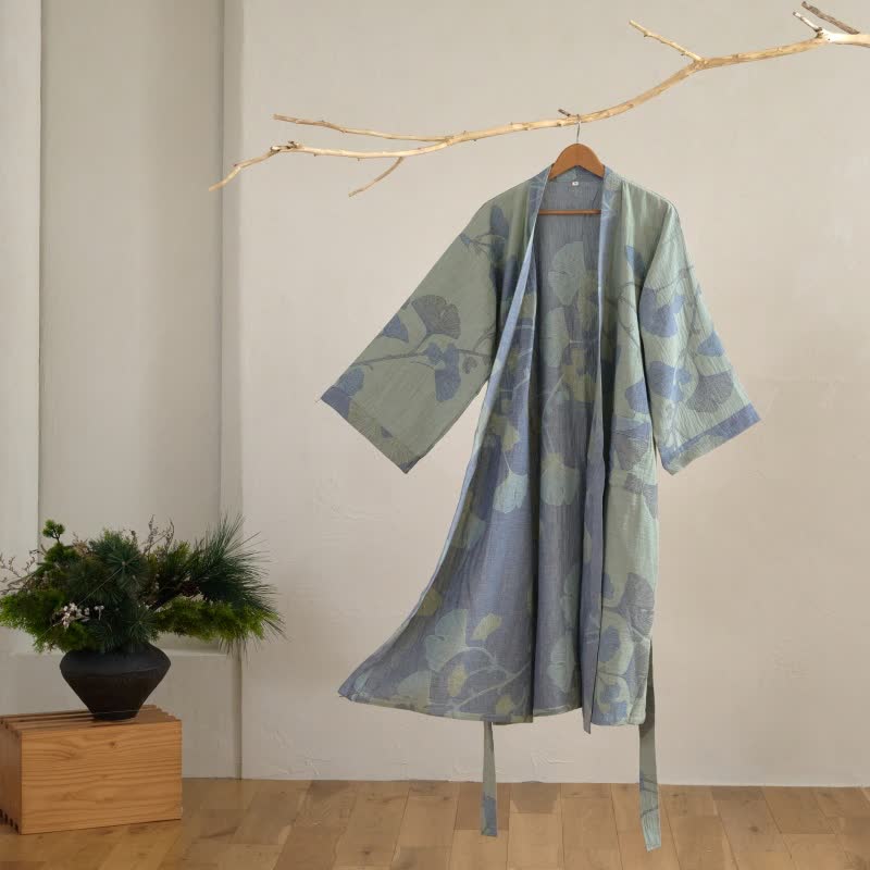 Ownkoti Ginkgo Leaf Organic Cotton Kimono Robe - Light Green & Blue - 2XL - image 15