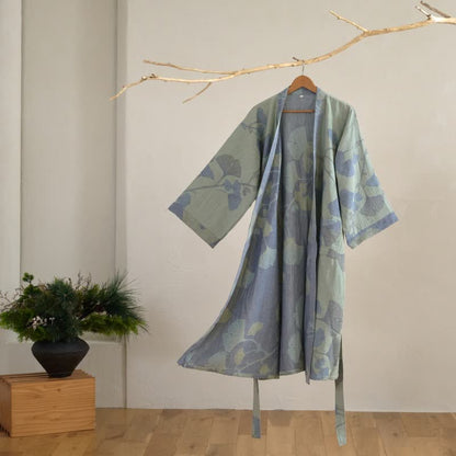 Ownkoti Ginkgo Leaf Organic Cotton Kimono Robe - Light Green & Blue - 2XL - image 15