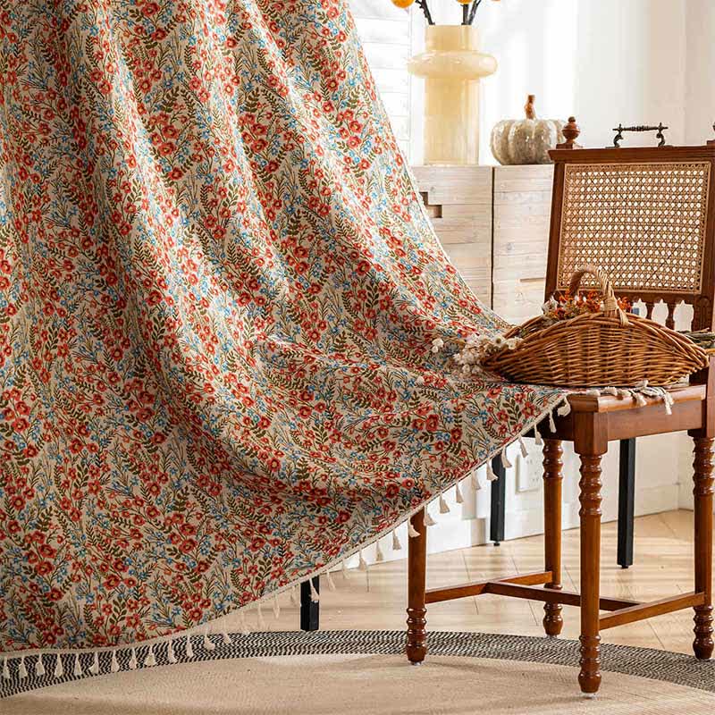 Country Style Red Floral Tassel Curtain - Rod Pocket - 59" x 102" - image 1
