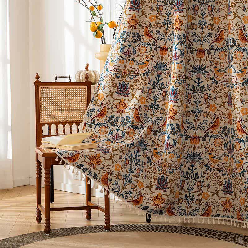 Vintage Botanical Bird Tassel Curtain - Rod Pocket - 59" x 102" - image 1