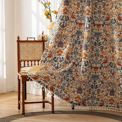 Vintage Botanical Bird Tassel Curtain - Rod Pocket - 59" x 102" - image 1