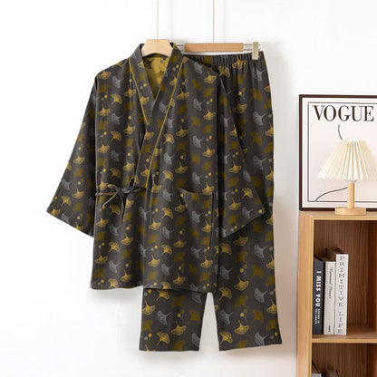 Ownkoti Ginkgo Organic Cotton Kimono Loungewear Set - Grey & Yellow - XL - image 8
