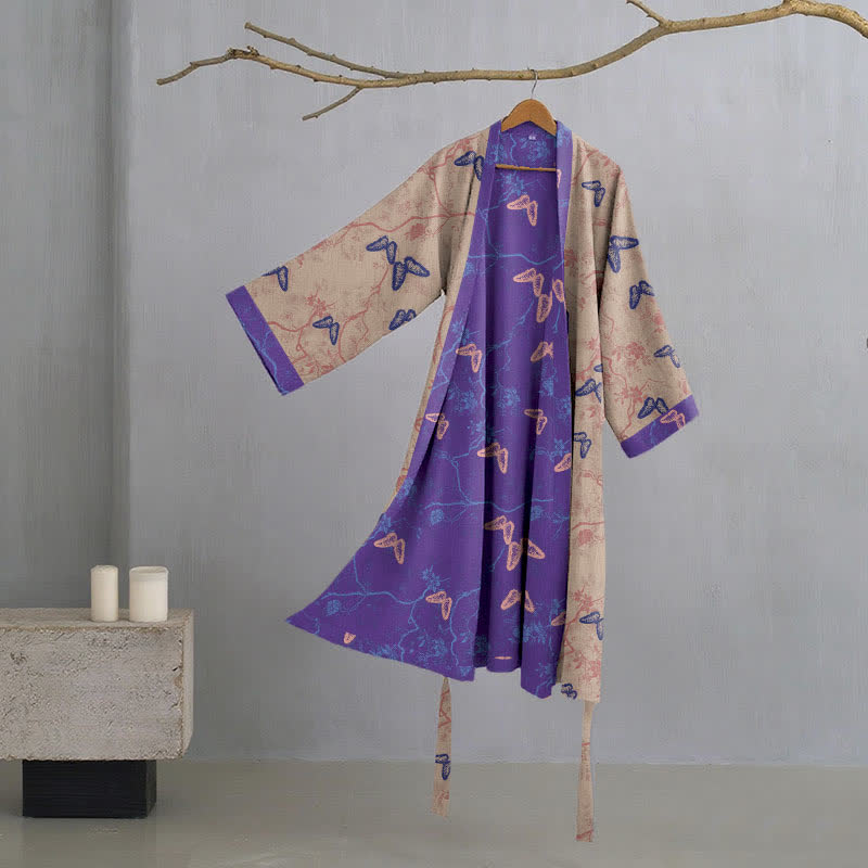 Ownkoti Butterfly Cotton Gauze Kimono Robe - Brown - XL - image 11