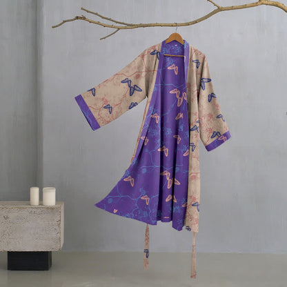 Ownkoti Butterfly Cotton Gauze Kimono Robe - Brown - XL - image 11