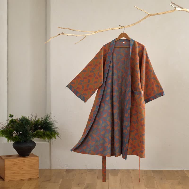 Ownkoti Ginkgo Biloba Cotton Gauze Japanese Robe - Orange - L - image 3