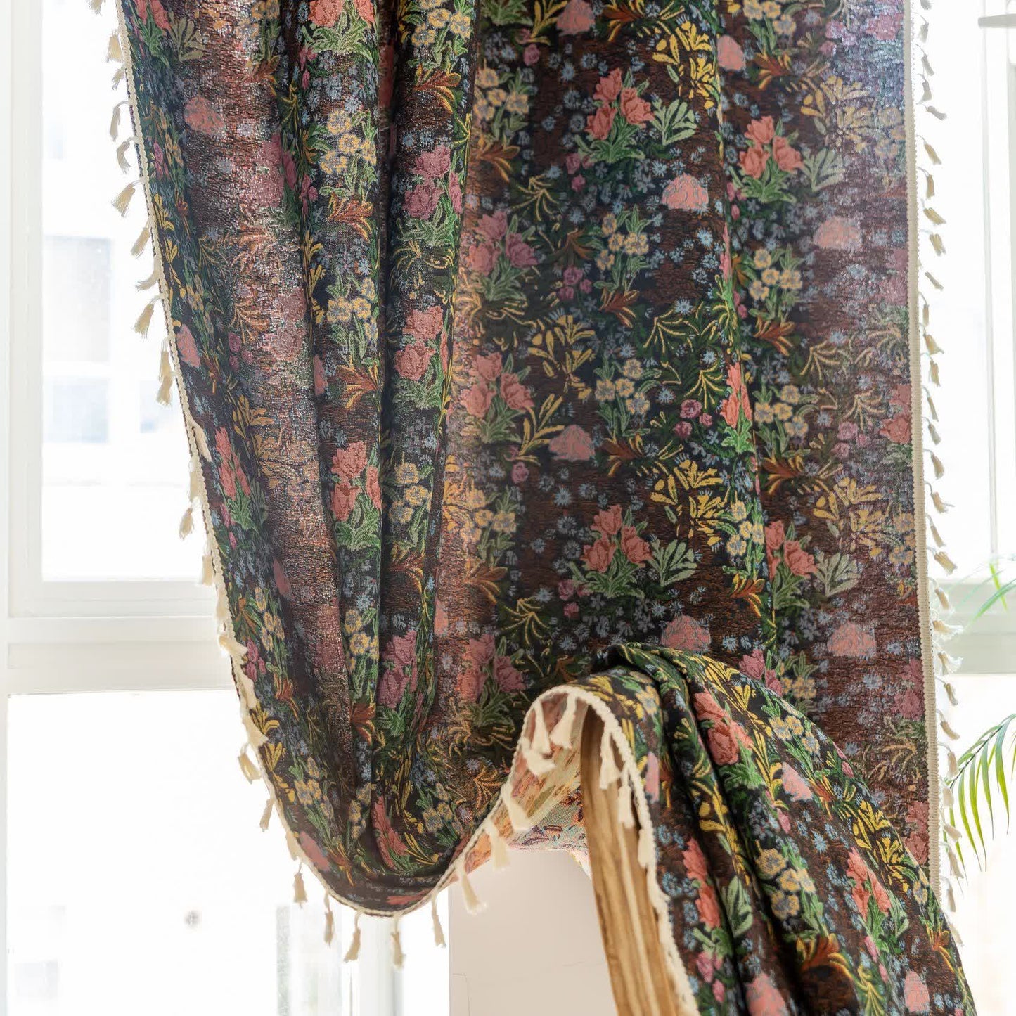 Retro Floral Branch Leaf Tassel Curtain - image 5