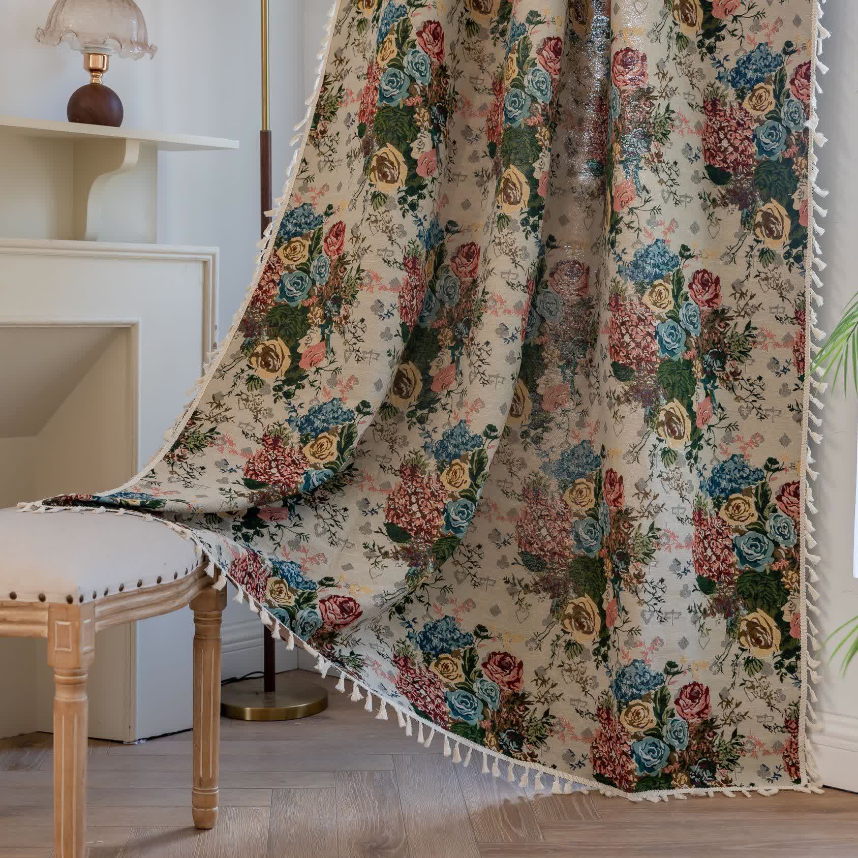 Retro Colorful Rose Tassel Curtain - Rod Pocket - 59" x 102" - image 1