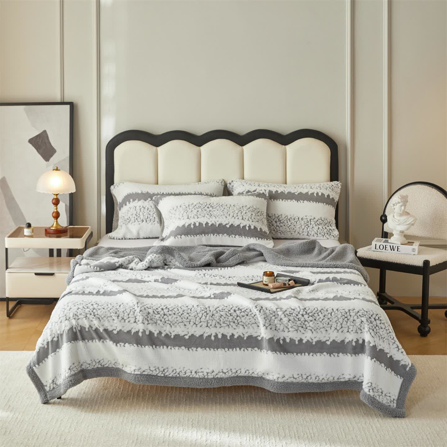  Double Layer Striped Print Sherpa Blanket - Grey - 79"W x 90"L - image 5