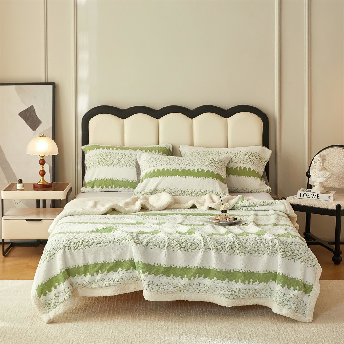  Double Layer Striped Print Sherpa Blanket - Green - 79"W x 90"L - image 12