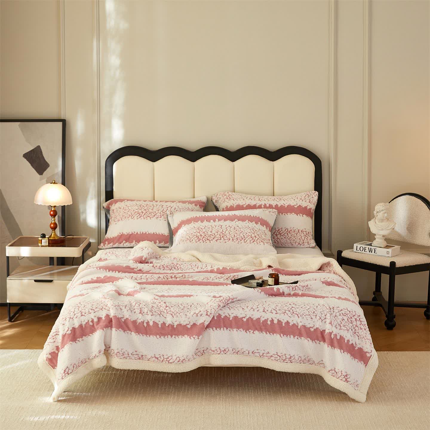  Double Layer Striped Print Sherpa Blanket - Pink - 79"W x 90"L - image 11