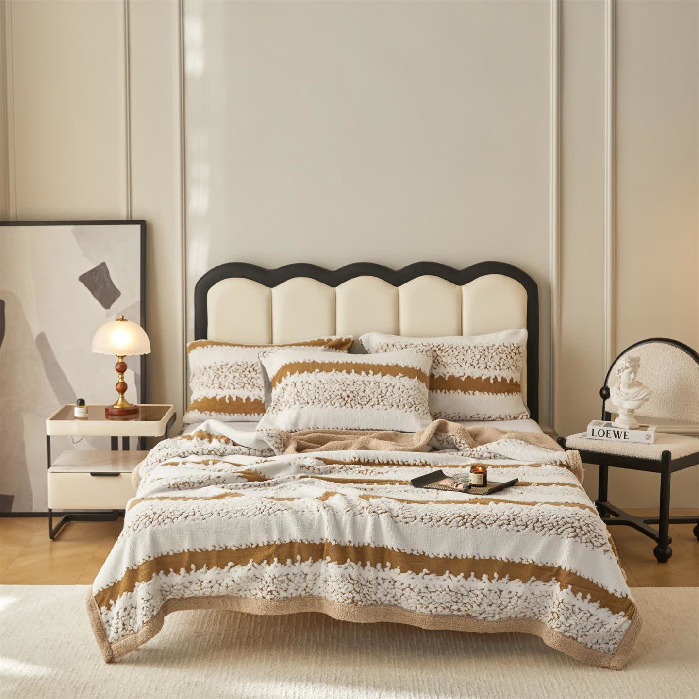  Double Layer Striped Print Sherpa Blanket - Camel - 79"W x 90"L - image 13