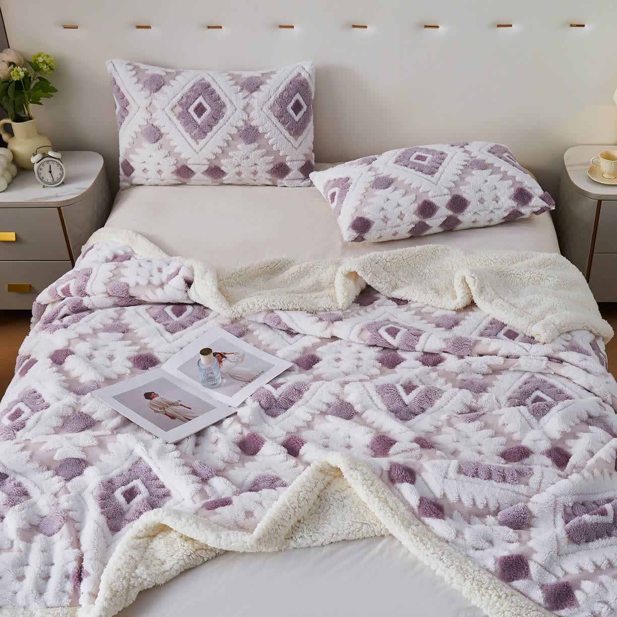 Bohemian Style Jacquard Sherpa Throw Blanket - Light Purple - King - image 18