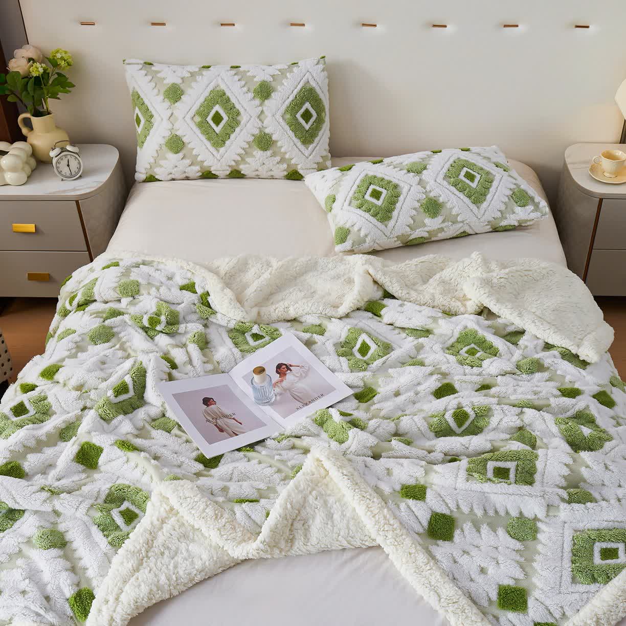 Bohemian Style Jacquard Sherpa Throw Blanket - Light Green - King - image 15