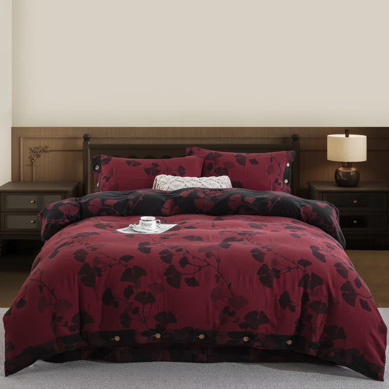 Ownkoti Button Ginkgo Leaf Cotton Gauze Bedding Set (4PCS) - Black & Red - King - image 26
