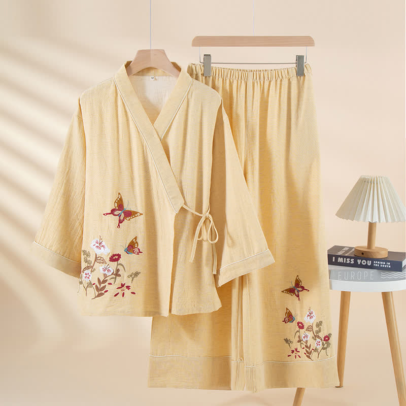 Ownkoti Butterfly Floral Embroidered Kimono Loungewear Set - Yellow - XL - image 2