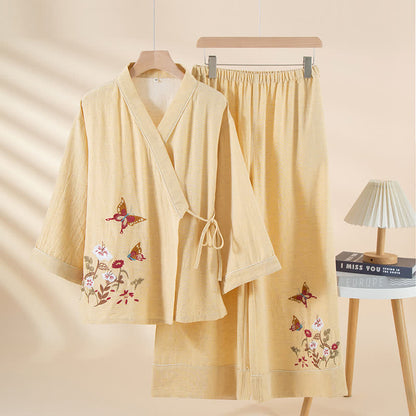 Butterfly Floral Embroidered Kimono Loungewear Set - Yellow - XL - image 3