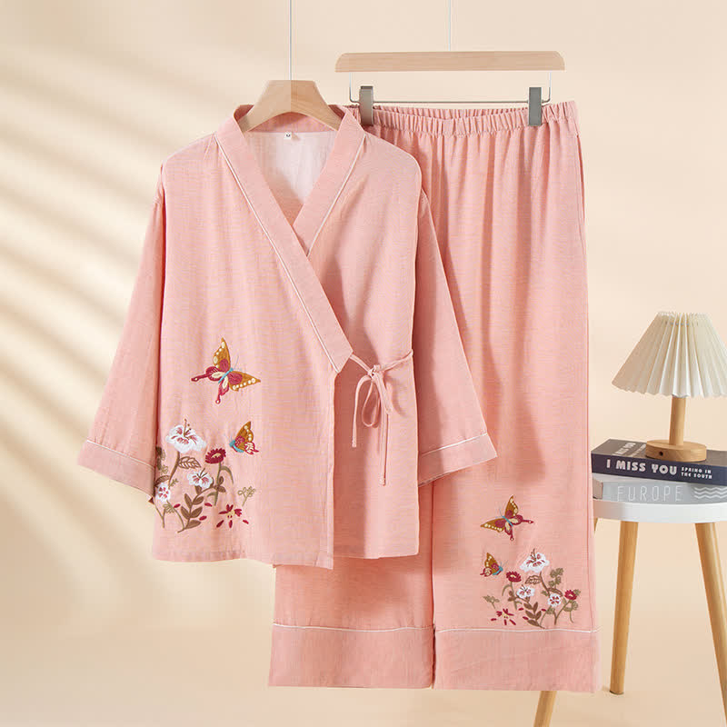 Butterfly Floral Embroidered Kimono Loungewear Set - Pink - XL - image 2